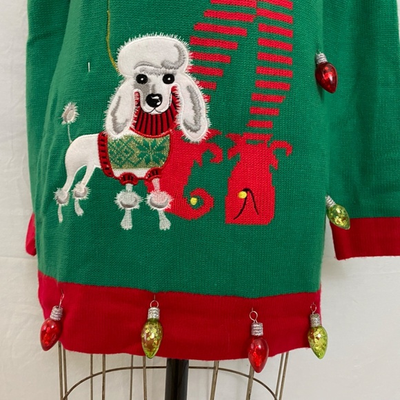 Green Holiday  Ugly Sweater with Girl Elf and Poodle. - Picture 3 of 11
